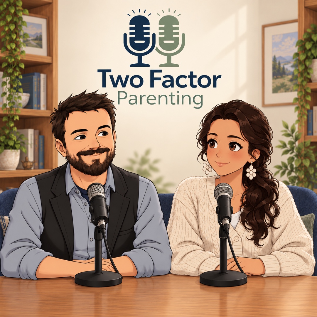 Illustrated hosts Matt and Val sitting together at their podcast microphones beneath the Two Factor Parenting logo